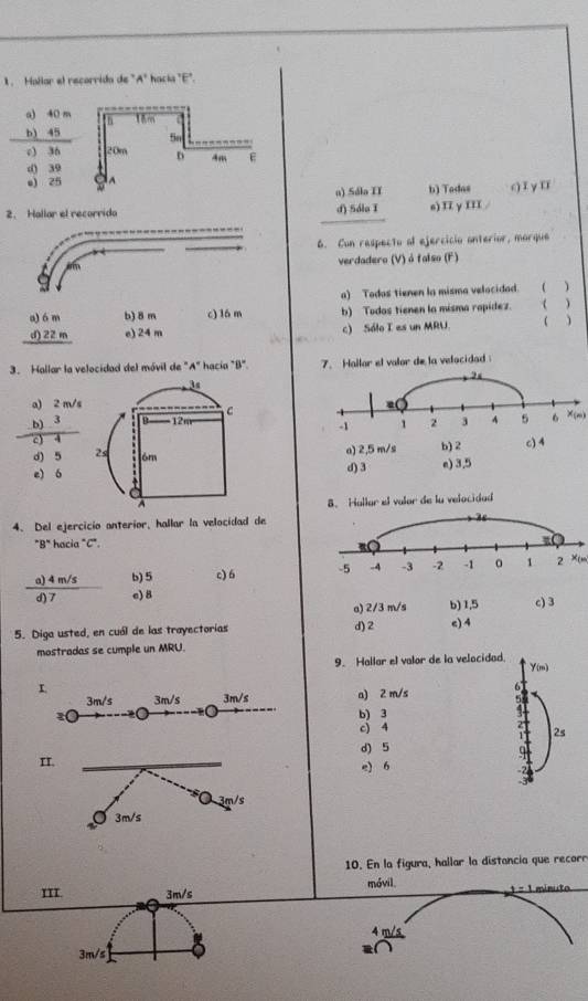 Hallar el recorrido de "A" hacía "E".
a) 40 m :n 1im  
bì 45 5n
c) 36 20m D 4m E
() 39
e) 25 b) Tadas c) I y I
a) Sála IT
2. Hallar el recorrida d) Sólo I s) Π γ III /
6. Con respecto al ejercicio anterior, marque
i verdadero (V) ó falso (F)
a) Todas tienen la misma velocidad. 
a) 6 m b) 8 m c) l6 m b) Todos tienen la misma rapídez. ( )
d) 22 m e) 24 m c) Sólo I es un MRU. 
3. Hallar la velocidad del móvil de "A" hacía "B". 7. Hallor el valor de la velocidad
2
3s
a) 2 m/s
C
-b)
-1 1 2 3 A 5 6 X(m)
d) 5 2s óm a) 2,5 m/s b) 2 c) 4
e) 6 d) 3 e) 3.5
A
8. Hallar el vulor de la velocidad
4. Del ejercicio anterior, hallar la velocidad de
"B" hacia "C".
a) 4 m/s b) 5 c)6 -5 -4 -3 -2 -1 。 1 2 X(m
d) 7 e) 8
a) 2/3 m/s b) 1,5 c) 3
5. Diga usted, en cuál de las trayectorias d) 2 c)4
mostradas se cumple un MRU.
9. Hallar el valor de la velocidad. Y(m)
3m/s 3m/s 3m/s a) 2 m/s
:( b) 3
c) 4
2s
I. d) 5
e) 6
a 3m/s
3m/s
10. En la figura, hallar la distancia que recorr
móvil.
ITT 3m/s  1 = 1 mínuto
4 m/s
3m/s