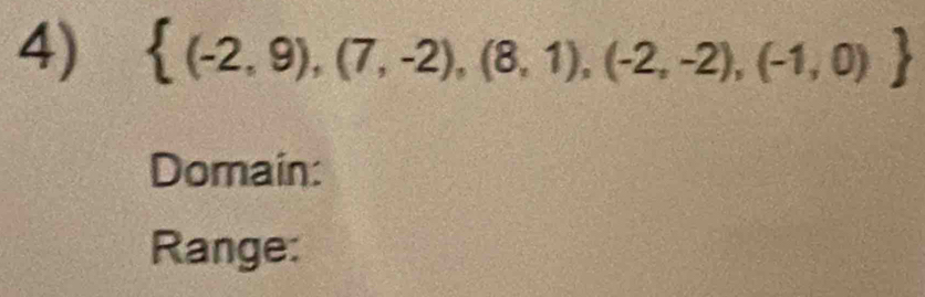  (-2,9),(7,-2),(8,1),(-2,-2),(-1,0)
Domain: 
Range: