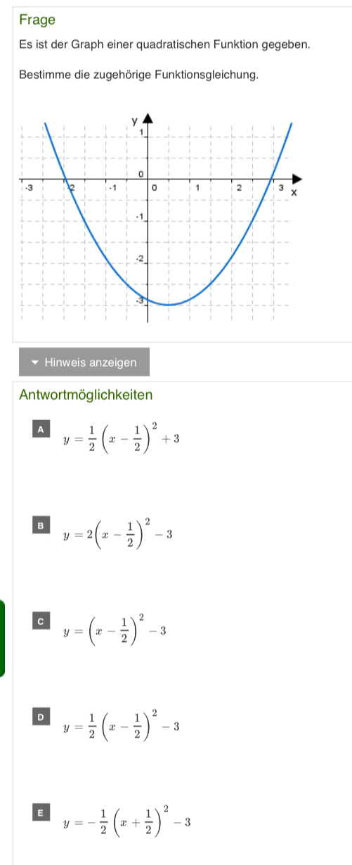 Frage
Es ist der Graph einer quadratischen Funktion gegeben.
Bestimme die zugehörige Funktionsgleichung.
Hinweis anzeigen
Antwortmöglichkeiten
A y= 1/2 (x- 1/2 )^2+3
B y=2(x- 1/2 )^2-3
C y=(x- 1/2 )^2-3
D y= 1/2 (x- 1/2 )^2-3
E y=- 1/2 (x+ 1/2 )^2-3