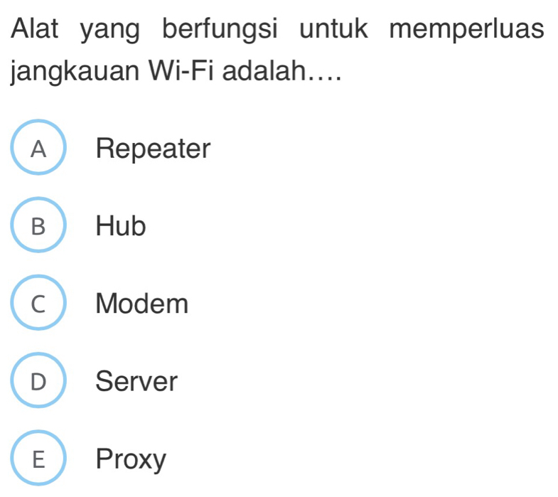 Alat yang berfungsi untuk memperluas
jangkauan Wi-Fi adalah…...
A Repeater
B Hub
C Modem
D Server
E Proxy