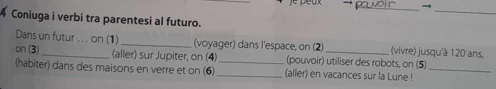 Coniuga i verbi tra parentesi al futuro. 
Dans un futur .. . on (1)_ (voyager) dans l'espace, on (2) (vivre) jusqu'à 120 ans, 
on (3)_ (aller) sur Jupiter, on (4) _(pouvoir) utiliser des robots, on (5) 
(habiter) dans des maisons en verre et on (6) _(aller) en vacances sur la Lune !_