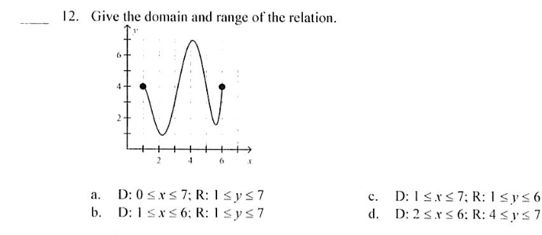 Give the domain and range of the relation.
a. D:0≤ x≤ 7; R:1≤ y≤ 7 c. D:1≤ x≤ 7; R:1≤ y≤ 6
b. D:1≤ x≤ 6; R:1≤ y≤ 7 d. D:2≤ x≤ 6 : R:4≤ y≤ 7