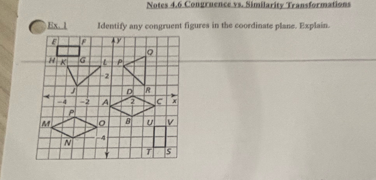 Notes 4.6 Congruence vs. Similarity Transformations 
Ex.1 Identify any congruent figures in the coordinate plane. Explain.