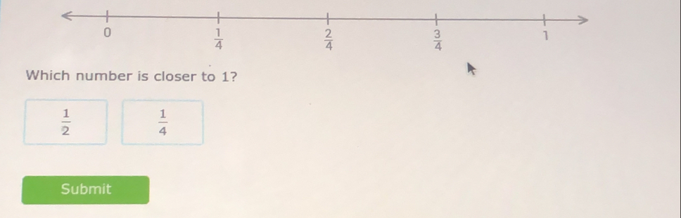 Which number is closer to 1?
 1/2 
 1/4 
Submit