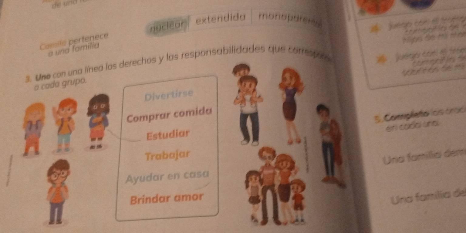 de und 
Camile pertenece nuclear extendida monopdrers 
jueap con el tromo 
Mjps de mi men 
a und familia 
3. Uno con una línea los derechos y las responsabilidades que correstor 
juego corl es tráo 
comeaf ia 
a cada grupo. 
Divertirse 
5. Completo las arác 
Comprar comida 
ení cadaí únal 
Estudiar 
Trabajar 
Una família dem 
Ayudar en casa 
Brindar amor 
Una família de