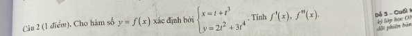 Cho hàm số y=f(x) xác định bởi beginarrayl x=t+t^3 y=2t^2+3t^4endarray.. Tinh f'(x), f''(x). dé 3 - Cuốil
Lội phiên bàn ký lớp học ON