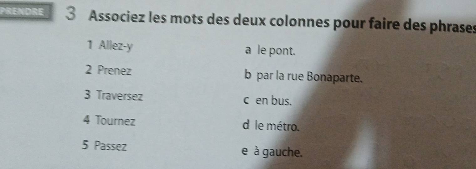 PRENDRE 3 Associez les mots des deux colonnes pour faire des phrases 
1 Allez-y a le pont. 
2 Prenez b par la rue Bonaparte. 
3 Traversez c en bus. 
4 Tournez d le métro. 
5 Passez e à gauche.