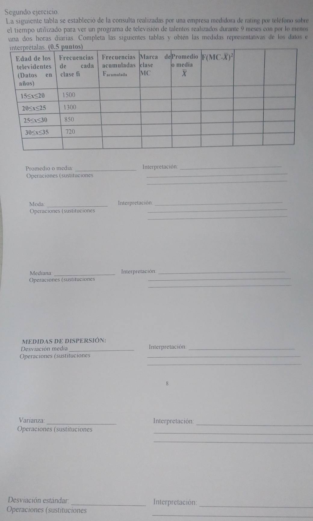 Segundo ejercicio.
La siguiente tabla se estableció de la consulta realizadas por una empresa medidora de rating por teléfono sobre
el tiempo utilizado para ver un programa de televisión de talentos realizados durante 9 meses con por lo menos
una dos horas diarias. Completa las siguientes tablas y obtén las medidas representativas de los datos e
_
Promedio o media _Interpretación_
_
Operaciones (sustituciones
Moda _Interpretación_
_
Operaciones (sustituciones
_
Mediana _ Interpretación:_
_
Operaciones (sustituciones
_
MEDIDAS DE DISPERSIÓN:
Desviación media _Interpretación_
Operaciones (sustituciones_
_
8
Varianza: _Interpretación_
_
Operaciones (sustituciones
_
_
Desviación estándar: _ Interpretación:
_
Operaciones (sustituciones