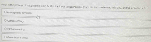 What is the process of trapping the sun's heat in the lower atmosphere by gases like carbon dioxide, methane, and water vapor called?
Atmospheric deviation
Climate change
Global warming
Greenhouse effect