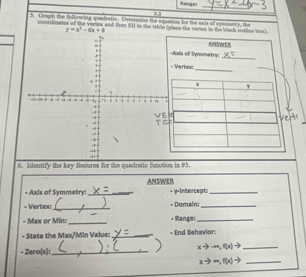 Range:_ 

3.2 
5. Graph the following quadratic. Determine the equation for the axis of symmetry, the 
coordinates of the vertex and then fill in the table (place the vertex in the black outline box).
y=x^2-6x+8
ANSWER 
Axis of Symmetry:_ 
Vertex:_ 
6Identify the in #5. 
ANSWER 
- Axis of Symmetry:_ - y-intercept:_ 
- Vertex: _- Domain:_ 
- Max or Min: _- Range:_ 
- State the Max/Min Value:_ - End Behavlor:
xto -∈fty , f(x)to _ 
- Zero 1° _ 
_ xto ∈fty ,f(x)to