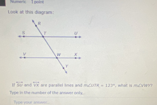 Numeric 1 point 
Look at this diagram: 
If overleftrightarrow SU and overleftrightarrow VX are parallel lines and m∠ UTR=123° , what is m∠ VWY ? 
Type in the number of the answer only. 
Type your answer...