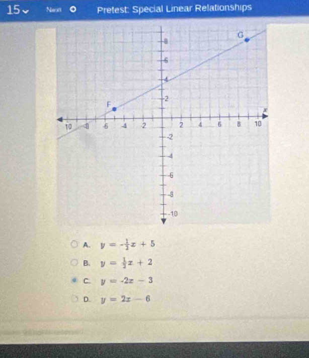 Next Pretest: Special Linear Relationships
A. y=- 1/2 x+5
B. y= 1/2 x+2
C. y=-2x-3
D. y=2x-6