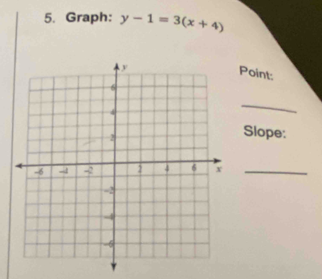 Graph: y-1=3(x+4)
Point: 
_ 
Slope: