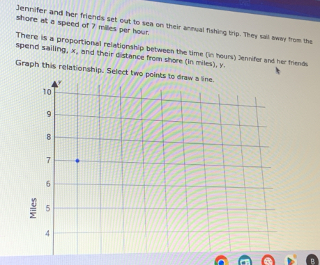 Jennifer and her friends set out to sea on their annual fishing trip. They sail away from the 
shore at a speed of 7 miles per hour. 
There is a proportional relationship between the time (in hours) Jennifer and her friends 
spend sailing, x, and their distance from shore (in miles), y. 
Graph this relationship. Select two