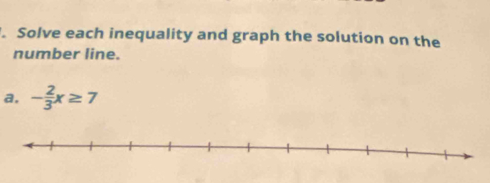 Solve each inequality and graph the solution on the 
number line. 
a. - 2/3 x≥ 7