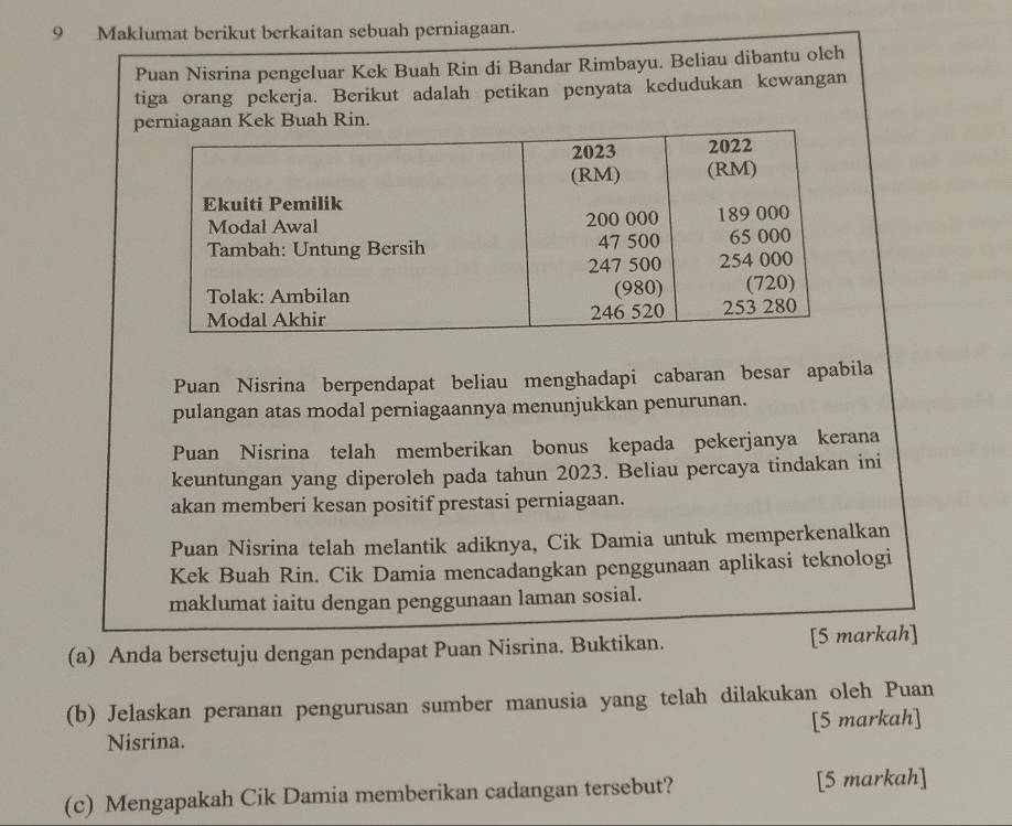 Maklumat berikut berkaitan sebuah perniagaan. 
Puan Nisrina pengeluar Kek Buah Rin di Bandar Rimbayu. Beliau dibantu olch 
tiga orang pekerja. Berikut adalah petikan penyata kedudukan kewangan 
pBuah Rin. 
Puan Nisrina berpendapat beliau menghadapi cabaran besar apabila 
pulangan atas modal perniagaannya menunjukkan penurunan. 
Puan Nisrina telah memberikan bonus kepada pekerjanya kerana 
keuntungan yang diperoleh pada tahun 2023. Beliau percaya tindakan ini 
akan memberi kesan positif prestasi perniagaan. 
Puan Nisrina telah melantik adiknya, Cik Damia untuk memperkenalkan 
Kek Buah Rin. Cik Damia mencadangkan penggunaan aplikasi teknologi 
maklumat iaitu dengan penggunaan laman sosial. 
(a) Anda bersetuju dengan pendapat Puan Nisrina. Buktikan. [5 markah] 
(b) Jelaskan peranan pengurusan sumber manusia yang telah dilakukan oleh Puan 
Nisrina. [5 markah] 
(c) Mengapakah Cik Damia memberikan cadangan tersebut? [5 markah]