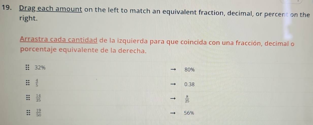 Drag each amount on the left to match an equivalent fraction, decimal, or percent on the
right.
Arrastra cada cantidad de la izquierda para que coincida con una fracción, decimal o
porcentaje equivalente de la derecha.
32% 80%
 4/5 
0.38
 14/25 
 8/25 
 19/50  56%