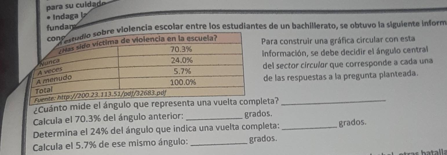 para su cuidad 
* Indaga j 
fundam 
olencia escolar entre los estudiantes de un bachillerato, se obtuvo la siguiente inform 
Para construir una gráfica circular con esta 
información, se debe decidir el ángulo central 
del sector circular que corresponde a cada una 
de las respuestas a la pregunta planteada. 
¿Cuánto mide el ángulo que represleta?_ 
Calcula el 70.3% del ángulo anterior: _grados. 
Determina el 24% del ángulo que indica una vuelta completa:_ 
grados. 
Calcula el 5.7% de ese mismo ángulo: _grados.