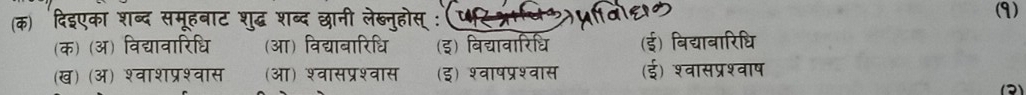 (क) दिइएका शब्द समूहबाट शुद्ध शब्द छानी लेब्नुहोस् : (9)
(क) (अ) विद्यावारिधि (आ) विद्याबारिधि (इ) विद्यावारिधि (ई) बिद्याबारिधि
(ख) (अ) श्वाशप्रश्वास (आ) श्वासप्रश्वास (इ) श्वाषप्रश्वास (ई) श्वासप्रश्वाष
(2)