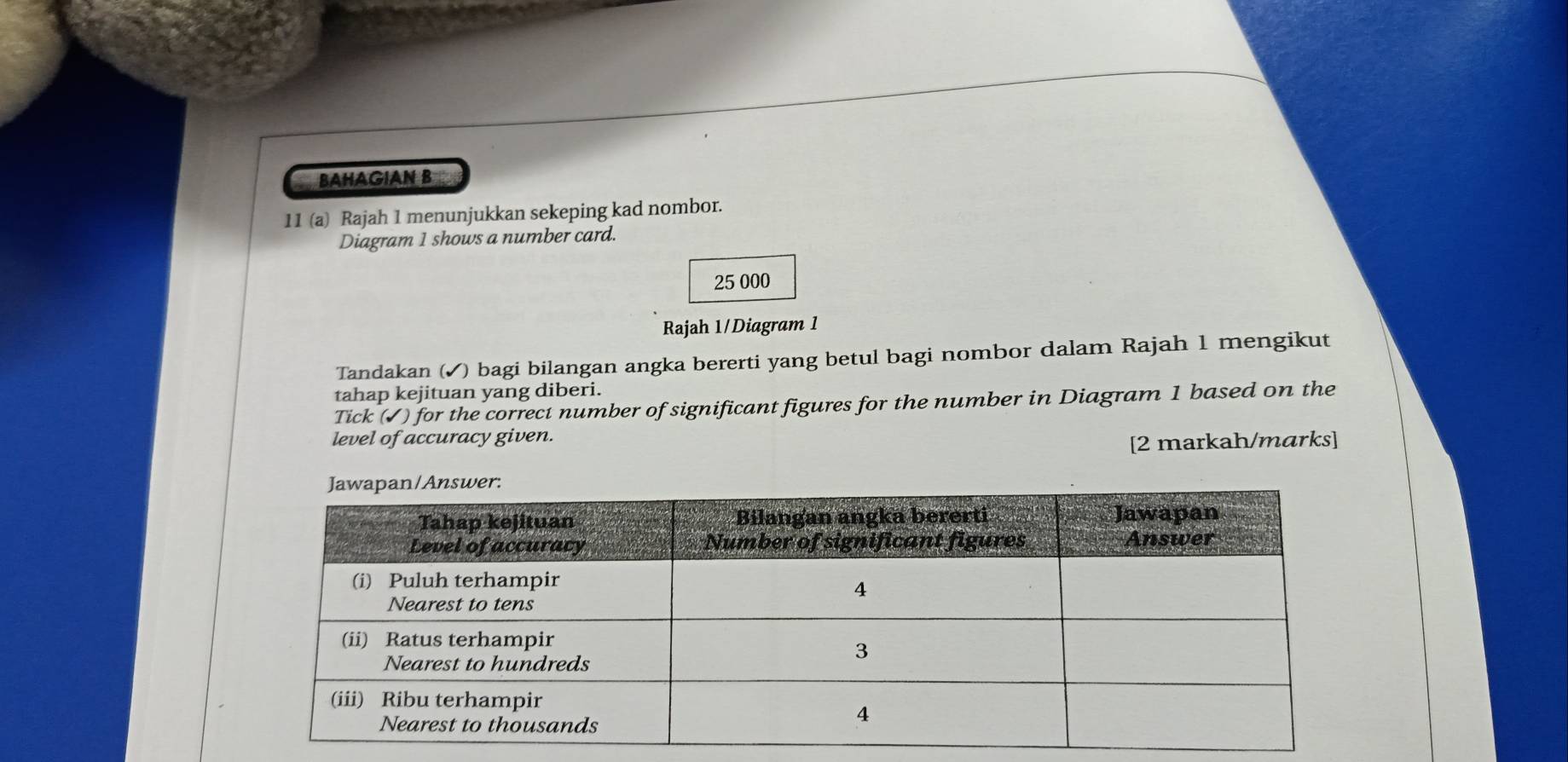 BAHAGIAN B 
11 (a) Rajah 1 menunjukkan sekeping kad nombor. 
Diagram 1 shows a number card.
25 000
Rajah 1/Diagram 1 
Tandakan (✔) bagi bilangan angka bererti yang betul bagi nombor dalam Rajah 1 mengikut 
tahap kejituan yang diberi. 
Tick (✓) for the correct number of significant figures for the number in Diagram 1 based on the 
level of accuracy given. [2 markah/marks]