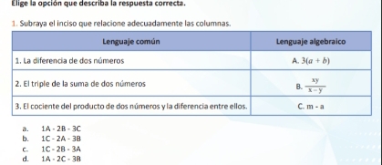 Elige la opción que describa la respuesta correcta.
1. Subraya el inciso que relacione adecuadamente las columnas.
a. 1A-2B-3C
b. 1C-2A-3B
C. 1C-28-3A
d. 1A-2C-3B