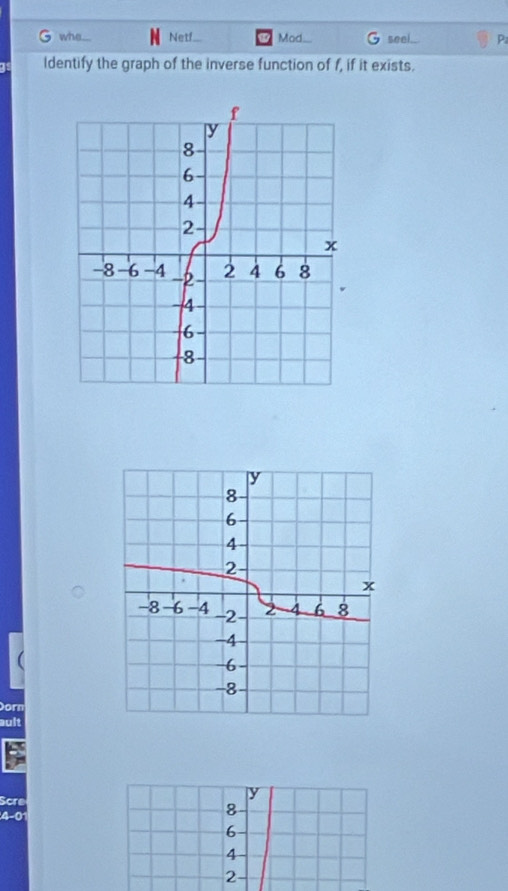 whe... Netf... Mod. seel.. P 
Identify the graph of the inverse function of f, if it exists. 
Dorn 
ault 
Scre 
4-01