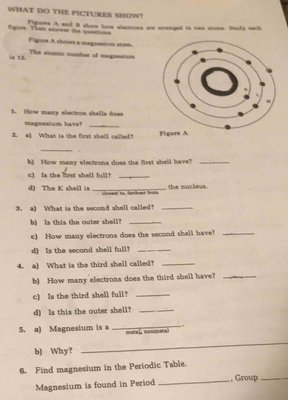 WHAT DO THE PICTURES SHOW? 
Figures A and B show how alectrons are arranged in two atoms. Study each 
figure. Then answer the questions. 
Figure A shows a magnesium stum. 
The stomic number of magnesium 
is 12. 
1. How many electron shells does 
magnesium have?_ 
2. a) What is the first shell called? 
_ 
b) How many electrons does the first shell have?_ 
c) Is the first shell full?_ 
d) The K shell is _the nucleus. 
closest to, farthest from 
3. a) What is the second shell called?_ 
b) Is this the outer shell?_ 
c) How many electrons does the second shell have?_ 
d) Is the second shell full?_ 
4. a) What is the third shell called?_ 
b) How many electrons does the third shell have?_ 
c) Is the third shell full?_ 
d) Is this the outer shell?_ 
5. a) Magnesium is a _. 
metal nonmetal 
b) Why? 
_ 
6. Find magnesium in the Periodic Table. 
Magnesium is found in Period 
_, Group_