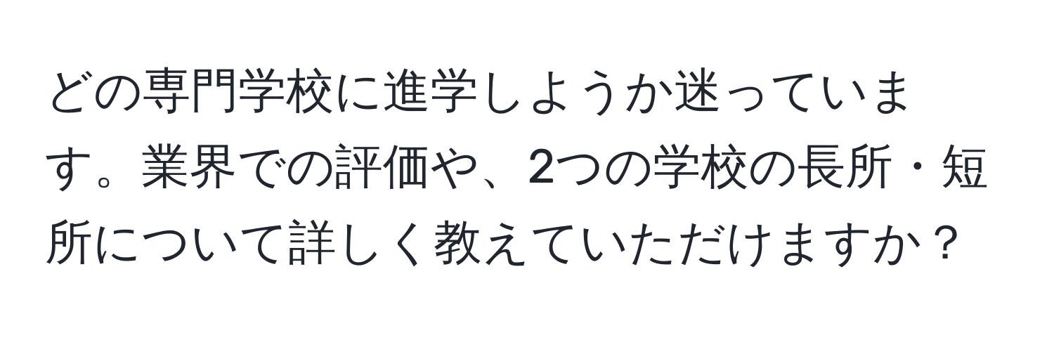 どの専門学校に進学しようか迷っています。業界での評価や、2つの学校の長所・短所について詳しく教えていただけますか？