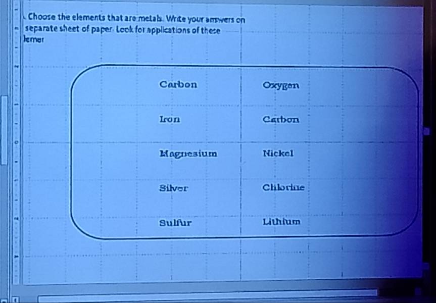 Choose the elements that are metals. Write your answers on
separate sheet of paper. Look for applications of these
erar
~
Carbon Oxygan
Iron Carbon
Magnesium Nickel
Silver Chilorine
Sulfur Lithium