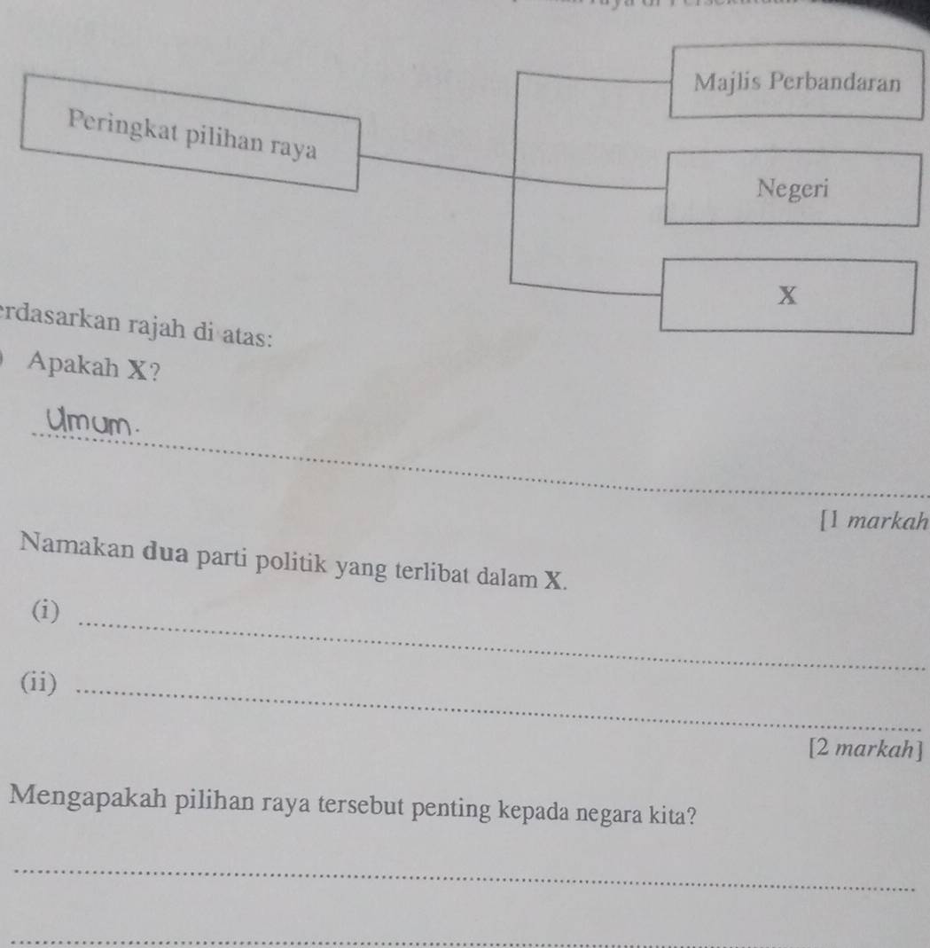 Majlis Perbandaran 
Peringkat pilihan raya 
Negeri
X
erdasarkan rajah di atas: 
Apakah X? 
_ 
_ 
__ 
[1 markah 
Namakan dua parti politik yang terlibat dalam X. 
_ 
(i) 
(ii)_ 
[2 markah] 
Mengapakah pilihan raya tersebut penting kepada negara kita? 
_ 
_