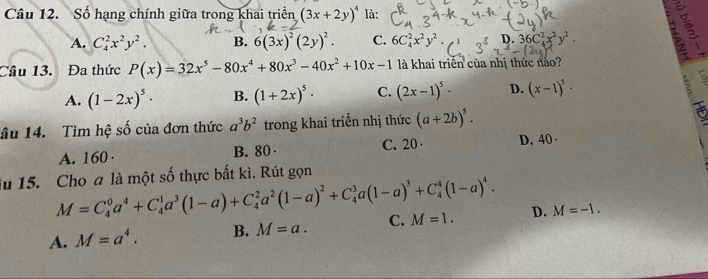 Số hạng chính giữa trong khai triển (3x+2y)^4 là:
A. C_4^(2x^2)y^2. B. 6(3x)^2(2y)^2. C. 6C_4^(2x^2)y^2. D 36C_4^(2x^2)y^2. 
Câu 13. Đa thức P(x)=32x^5-80x^4+80x^3-40x^2+10x-1 là khai triển của nhị thức nào?
A. (1-2x)^5· B. (1+2x)^5· C. (2x-1)^5· D. (x-1)^5. 
âu 14. Tìm hệ số của đơn thức a^3b^2 trong khai triển nhị thức (a+2b)^5.
A. 160 · B. 80 · C. 20 · D. 40 ·
iu 15. Cho a là một số thực bất kì. Rút gọn
M=C_4^(0a^4)+C_4^(1a^3)(1-a)+C_4^(2a^2)(1-a)^2+C_4^(3a(1-a)^3)+C_4^(4(1-a)^4).
A. M=a^4. B. M=a. C. M=1. D. M=-1.