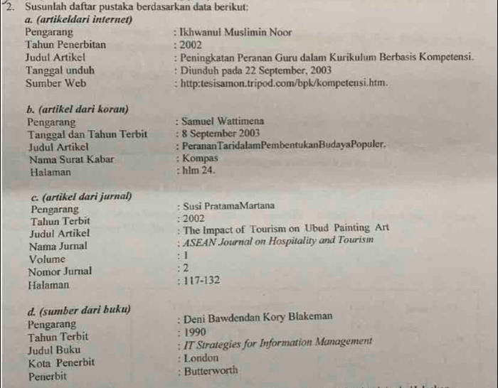 Susunlah daftar pustaka berdasarkan data berikut: 
a. (artikeldari internet) 
Pengarang : Ikhwanul Musłimin Noor 
Tahun Penerbitan : 2002
Judul Artikel : Peningkatan Peranan Guru dalam Kurikulum Berbasis Kompetensi. 
Tanggal unduh : Diunduh pada 22 September, 2003
Sumber Web : http:tesisamon.tripod.com/bpk/kompetensi.htm. 
b. (artikel darì koran) 
Pengarang Samuel Wattimena 
. 
Tanggal dan Tahun Terbit 8 September 2003
Judul Artikel PerananTaridalamPembentukanBudayaPopuler. 
Nama Surat Kabar Kompas 
Halaman hlm 24. 
c. (artikel dari jurnal) 
Pengarang : Susi PratamaMartana 
Tahun Terbit 2002 
Judul Artikel The Impact of Tourism on Ubud Painting Art 
Nama Jurnal ASEAN Journal on Hospitality and Tourism 
Volume 
: 1 
Nomor Jurnal : 2 
Halaman : 117-132
d. (sumber dari buku) 
Pengarang : Deni Bawdendan Kory Blakeman 
Tahun Terbit . 1990 
Judul Buku IT Strategies for Information Management 
Kota Penerbit London 
Penerbit Butterworth