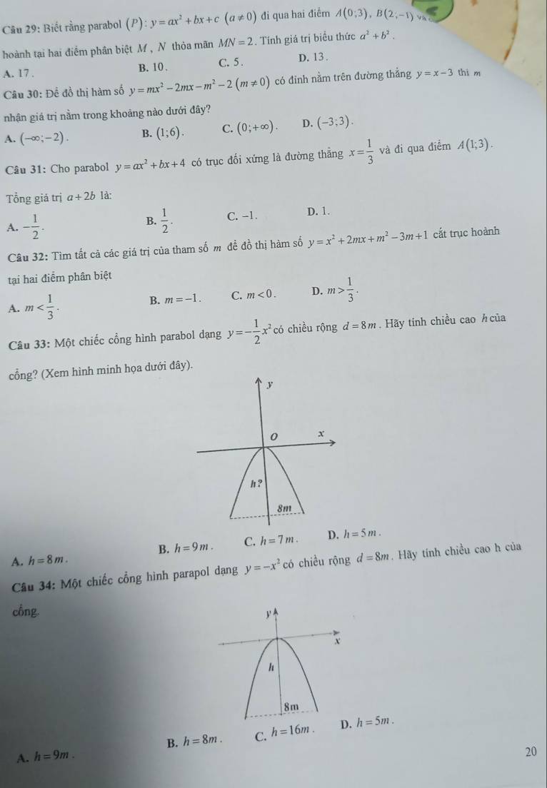 Biết rằng parabol , (P):y=ax^2+bx+c(a!= 0) đi qua hai điểm A(0;3),B(2;-1) và
hoành tại hai điểm phân biệt M , N thỏa mãn MN=2. Tính giá trị biểu thức a^2+b^2.
A. 17 . B. 10 . C.5 . D. 13 .
Câu 30: Để đồ thị hàm số y=mx^2-2mx-m^2-2(m!= 0) có đỉnh nằm trên đường thẳng y=x-3 thi m
nhận giá trị nằm trong khoảng nào dưới đây?
A. (-∈fty ;-2). B. (1;6). C. (0;+∈fty ). D. (-3;3).
Câu 31: Cho parabol y=ax^2+bx+4 có trục đối xứng là đường thāng x= 1/3 va đi qua điểm A(1;3).
Tổng giả trị a+2b là:
A. - 1/2 .  1/2 . C. -1. D. 1.
B.
Câu 32: Tìm tất cả các giá trị của tham số m đề đồ thị hàm số y=x^2+2mx+m^2-3m+1 cắt trục hoành
tại hai điểm phân biệt
A. m
B. m=-1. C. m<0. D. m> 1/3 .
Câu 33: Một chiếc cổng hình parabol dạng y=- 1/2 x^2 có chiều rộng d=8m Hãy tinh chiều cao  của
cổng? (Xem hình minh họa dưới đây).
B. h=9m. C. h=7m. D. h=5m.
A. h=8m. chiều rộng d=8m. Hãy tính chiều cao h của
Câu 34: Một chiếc cổng hình parapol dạng y=-x^2cdot 0
cổng.
B. h=8m. C. h=16m. D. h=5m.
A. h=9m.
20