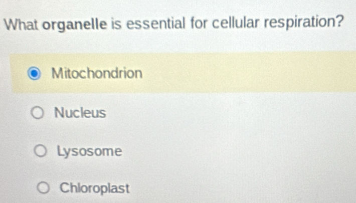 What organeIIe is essential for cellular respiration?
Mitochondrion
Nucleus
Lysosome
Chloroplast