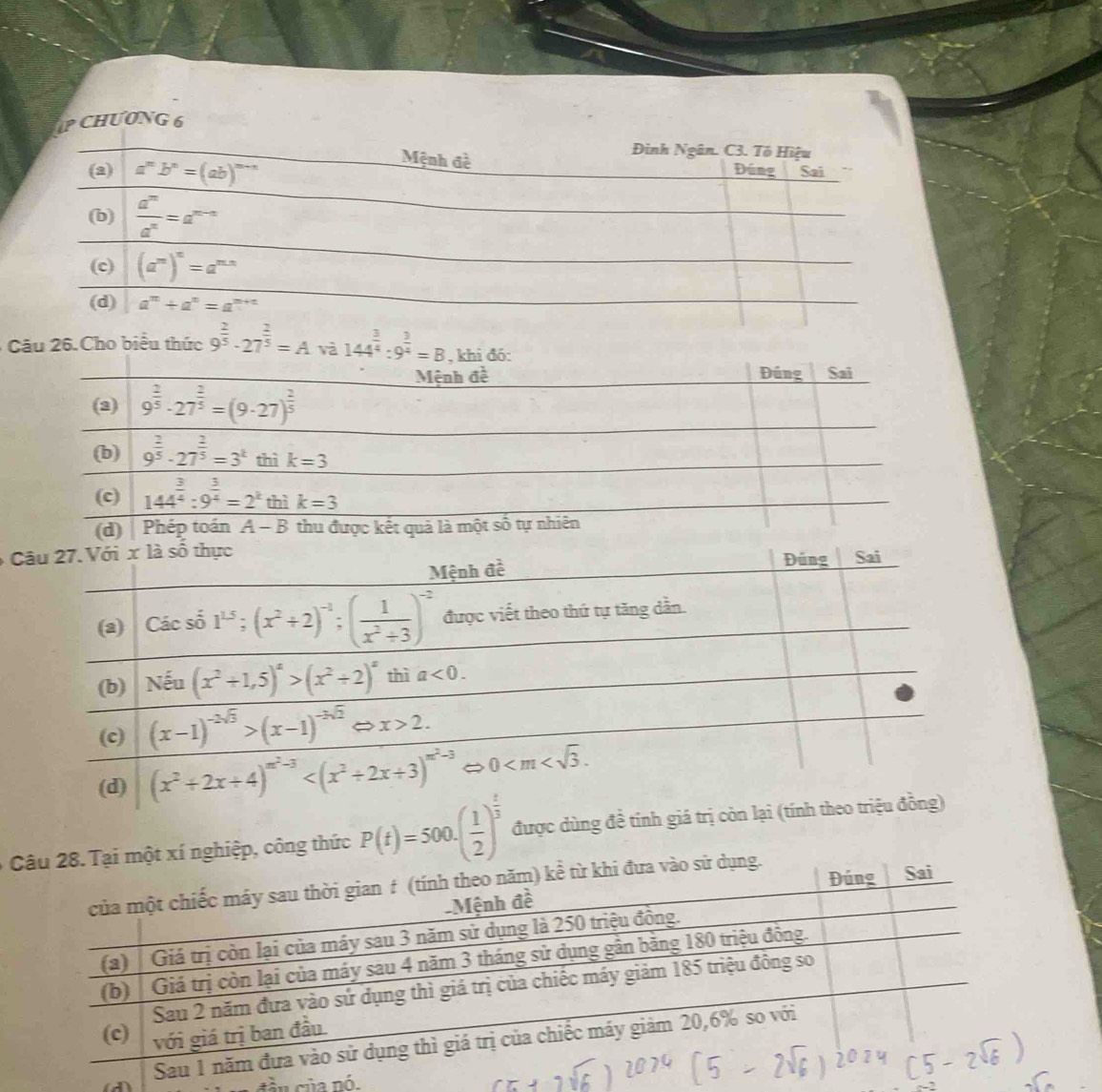 CHƯ0NG 6
Câu 26.Cho biểu thức 9^(frac 2)5· 27^(frac 2)5=A 144^(frac 3)4:9^(frac 3)4=B , khi đó: Sai
Mệnh đề Đúng
(2) 9^(frac 2)5· 27^(frac 2)5=(9· 27)^ 2/5 
(b) 9^(frac 2)5· 27^(frac 2)5=3^k thì k=3
(c) 144^(frac 3)4:9^(frac 3)4=2^k thì k=3
(d)  Phép toán A-B thu được kết quả là một số tự nhiên
 
xí nghiệp, công thức P(t)=500· ( 1/2 )^ 1/3  được dùng đề
(d)  ầu của nó.