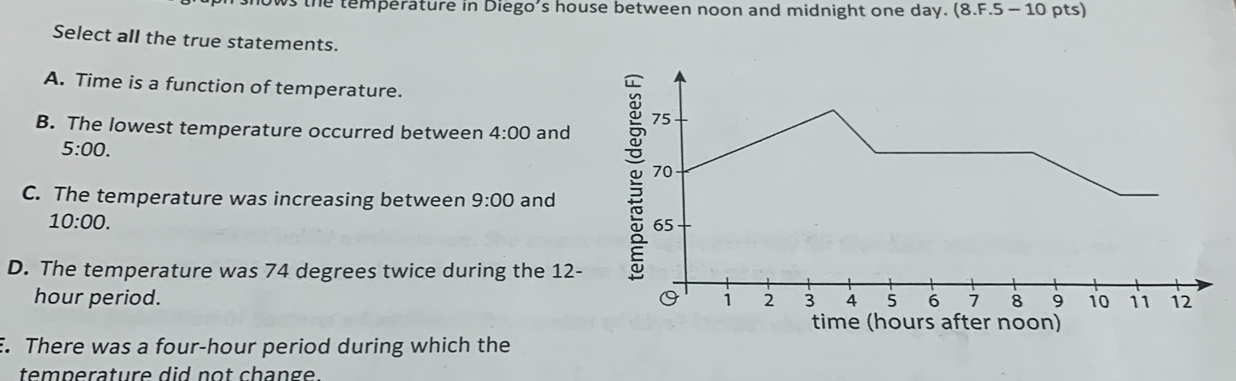 he temperature in Diego's house between noon and midnight one day. (8.F.5-10 pts) 
Select all the true statements.
A. Time is a function of temperature.
B. The lowest temperature occurred between 4:00 and
5:00.
C. The temperature was increasing between 9:00 and
10:00.
D. The temperature was 74 degrees twice during the 12-
hour period. 
time (hours after noon)
. There was a four-hour period during which the