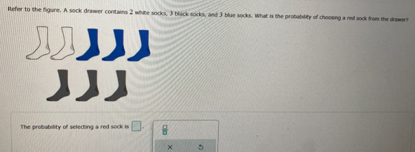 Refer to the figure. A sock drawer contains 2 white socks, 3 black socks, and 3 blue socks. What is the probability of choosing a red sock from the drawer? 
The probability of selecting a red sock is □.  □ /□   
× 5