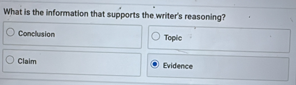 What is the information that supports the writer's reasoning?
Conclusion Topic
Claim Evidence