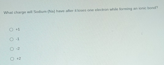 What charge will Sodium (Na) have after it loses one electron while forming an ionic bond?
+1
-1
-2
+2