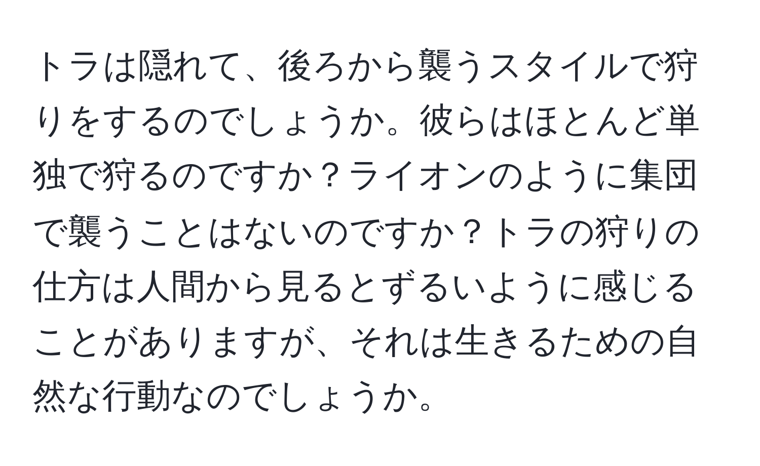 トラは隠れて、後ろから襲うスタイルで狩りをするのでしょうか。彼らはほとんど単独で狩るのですか？ライオンのように集団で襲うことはないのですか？トラの狩りの仕方は人間から見るとずるいように感じることがありますが、それは生きるための自然な行動なのでしょうか。