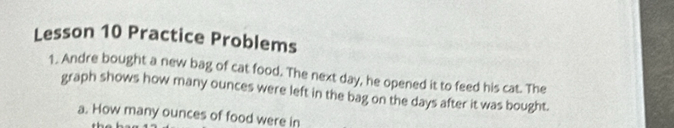 Lesson 10 Practice Problems 
1. Andre bought a new bag of cat food. The next day, he opened it to feed his cat. The 
graph shows how many ounces were left in the bag on the days after it was bought. 
a. How many ounces of food were in 
.