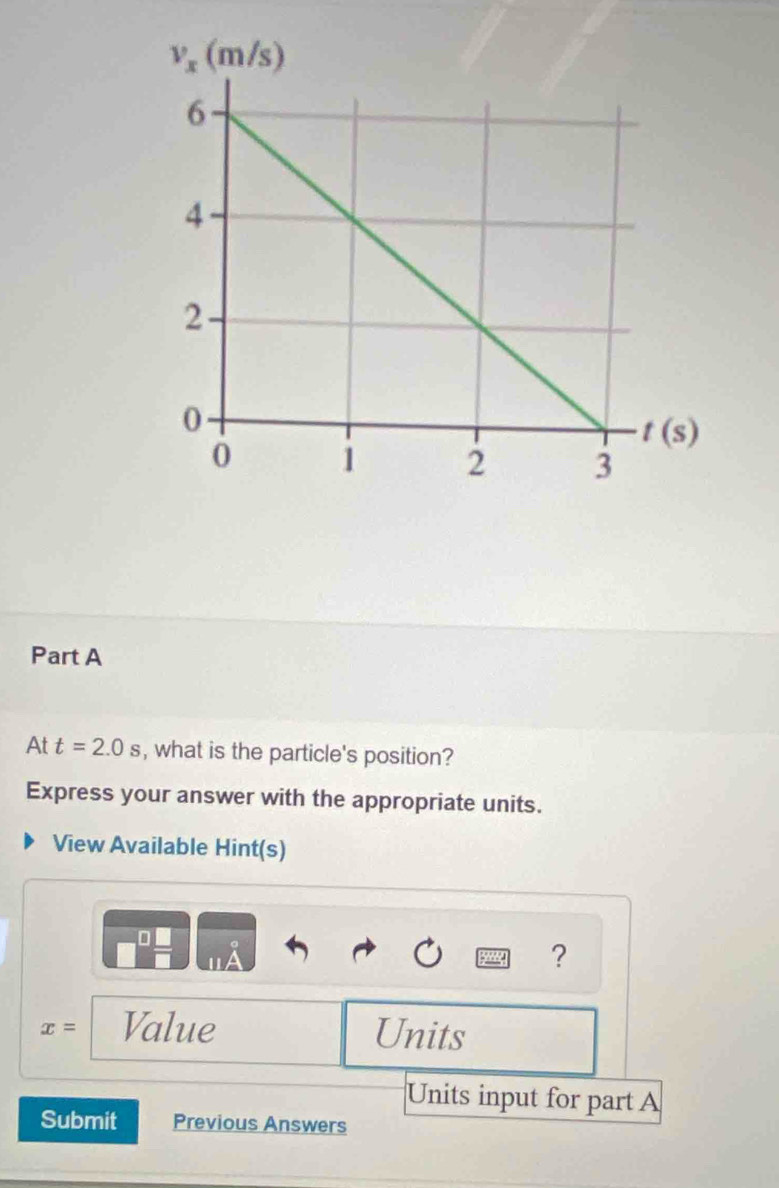 At t=2.0s , what is the particle's position?
Express your answer with the appropriate units.
View Available Hint(s)
?
x= Value Units
Units input for part A
Submit Previous Answers