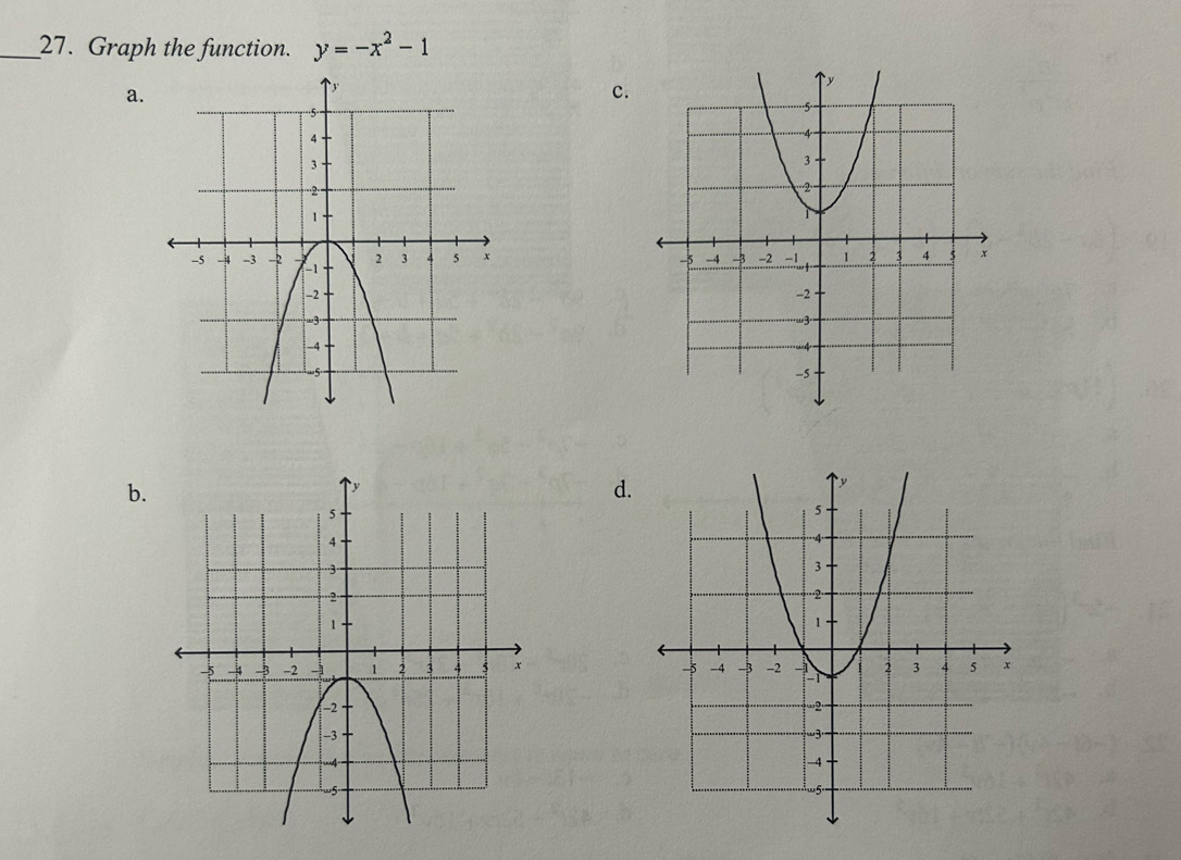 Graph the function. y=-x^2-1
a. 
c. 

b. 
d.