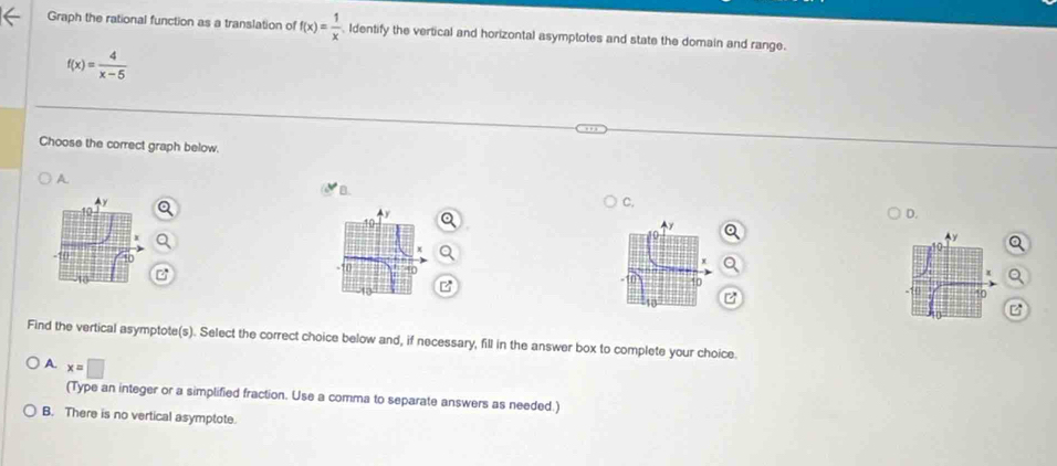 Solved: Graph the rational function as a translation of f(x)= 1/x ...