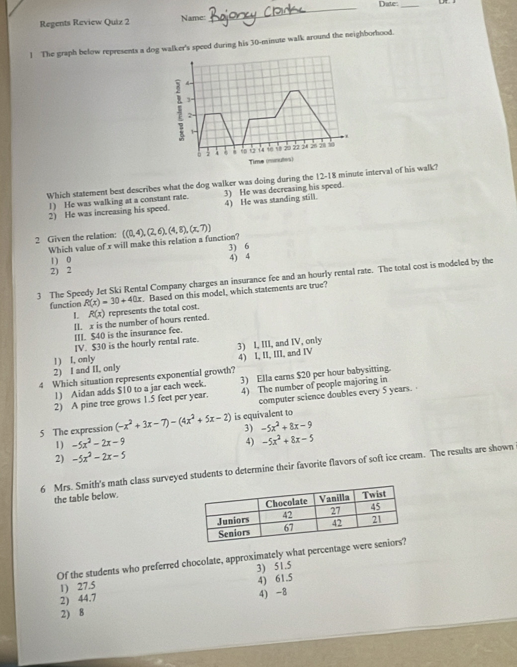 Date:_
Regents Review Quiz 2 Name:
_
] The graph below represents a dog walker's speed during his 30-minute walk around the neighborhood.
Which statement best describes what the dog walker was doing during the 12-18 minute interval of his walk?
1) He was walking at a constant rate. 3) He was decreasing his speed.
2) He was increasing his speed. 4) He was standing still.
2 Given the relation: ((0,4),(2,6),(4,8),(x,7))
Which value of x will make this relation a function?
3) 6
1) 0
4) 4
2) 2
3 The Speedy Jet Ski Rental Company charges an insurance fee and an hourly rental rate. The total cost is modeled by the
function R(x)=30+40x. Based on this model, which statements are true?
1 R(x) represents the total cost.
II. x is the number of hours rented.
III. $40 is the insurance fee.
IV. $30 is the hourly rental rate.
1) I, only 3) I, III, and IV, only
2) I and II, only 4) I, II, III, and IV
4 Which situation represents exponential growth?
1) Aidan adds $10 to a jar each week. 3) Ella earns $20 per hour babysitting.
2) A pine tree grows 1.5 feet per year. 4) The number of people majoring in
computer science doubles every 5 years. 
5 The expression (-x^2+3x-7)-(4x^2+5x-2) is equivalent to
3) -5x^2+8x-9
1) -5x^2-2x-9
4) -5x^2+8x-5
2) -5x^2-2x-5
6 Mrs. Smith's math class surveyed students to determine their favorite flavors of soft ice cream. The results are shown
the table below.
Of the students who preferred chocolate, approximately what percentage w
1) 27.5 3) 51.5
2) 44.7 4) 61.5
4) -8
2) 8