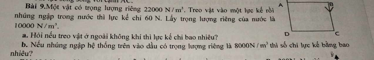 Bài 9.Một vật có trọng lượng riêng 22000N/m^3. Treo vật vào một lực kế rồi 
nhúng ngập trong nước thì lực kế chỉ 60 N. Lấy trọng lượng riêng của nước là
10000N/m^3. 
a. Hỏi nếu treo vật ở ngoài không khí thì lực kế chi bao nhiêu? 
b. Nếu nhúng ngập hệ thống trên vào dầu có trọng lượng riêng là 8000N/m^3 thì số chi lực kế bằng bao 
nhiêu? 
F