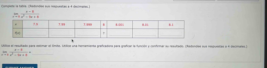 Complete la tabla. (Redondee sus respuestas a 4 decimales.)
limlimits _xto 8 (x-8)/x^2-9x+8 
Utilice el resultado para estimar el límite. Utilice una herramienta graficadora para graficar la función y confirmar su resultado. (Redondee sus respuestas a 4 decimales.)
limlimits _xto 8 (x-8)/x^2-9x+8 =_ 