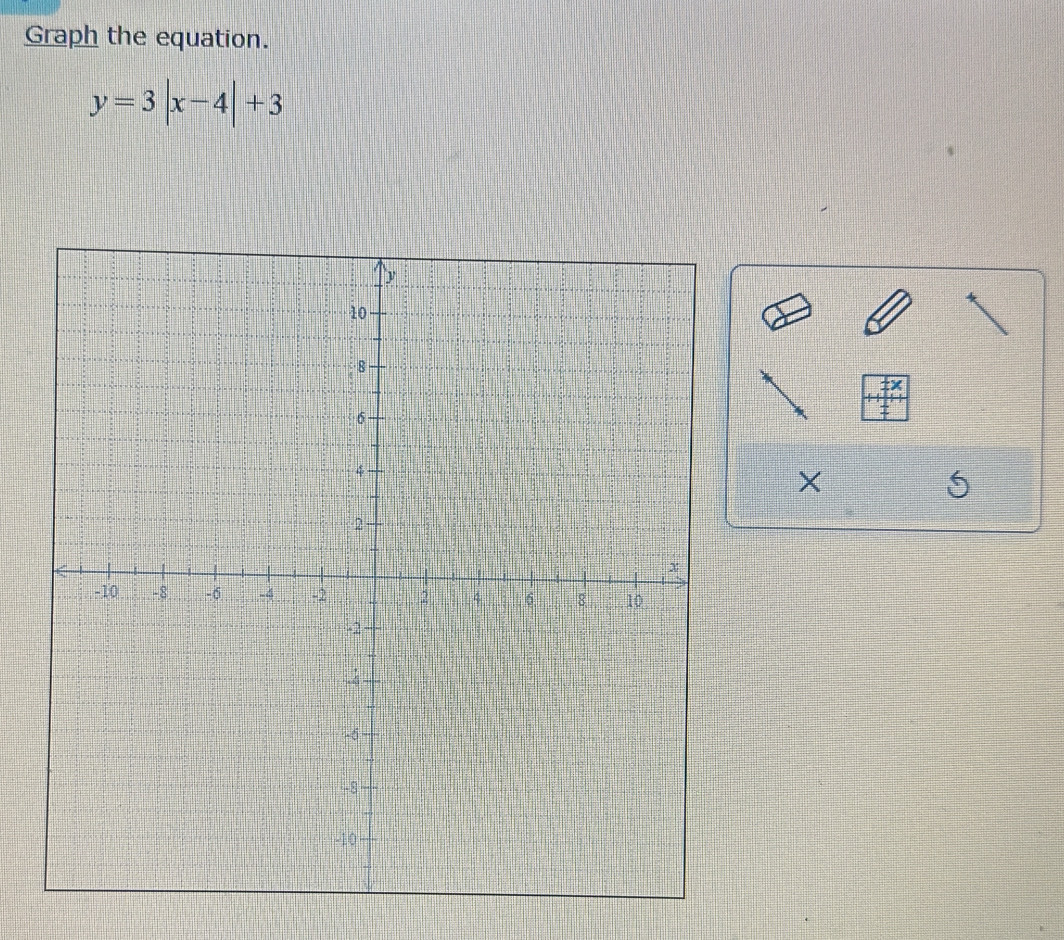 Graph the equation.
y=3|x-4|+3
X
5