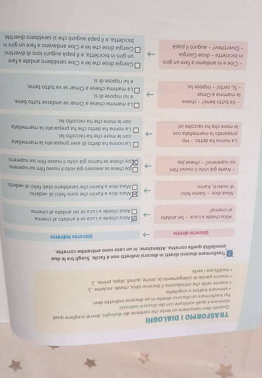 TRASFORMO I DIALOGHI
Quando devi riassumere un testo che contiene dei dialoghi, dovrai scegliere quali
eliminare e quali sostituire con dei discorsi indiretti.
Per trasformare un discorso diretto in un discorso indiretto devi:
eliminare trattini o virgolette;
inserire verbi che introducono il discorso (dice, chiede, esclama...);
inserire parole di collegamento (e, anche, quindi, dopo, prima...);
modificare i verbi.
Trasformare discorsi diretti in discorsi indiretti non è facile. Scegli tra le due
possibilità quella corretta. Attenzione: in un caso sono entrambe corrette.
Discorso diretto Discorso indiretto
Alice chiede a Luca: - Sei andato △ Alice chiede a Luca se è andato al cinema.
al cinema? Alice chiede a Luca se sei andato al cinema.
Maia dice: - Siamo felici Maia dice a Karim che sono felici di vederlo.
di vederti, Karim. Maia dice a Karim che sarebbero stati felici di vederlo.
- Avete già visto il nuovo film loy chiese se avessero già visto il nuovo film sui supereroi.
sui supereroi? - chiese Joy. Joy chiese se hanno già visto il nuovo film sui supereroi.
La nonna ha detto: - Ho
La nonna ha detto di aver preparato la marmellata
con le more che ha raccolto lei.
preparato la marmellata con La nonna ha detto che ha preparato la marmellata
le more che ho raccolto io!
con le more che ha raccolto lei.
- Va tutto bene? - chiese
La mamma chiese a Omar se andasse tutto bene,
la mamma a Omar.
e lui rispose di sì.
- Sì, certo! - rispose lui.
La mamma chiese a Omar se va tutto bene,
e lui rispose di sì.
- Cloe e io andiamo a fare un giro Giorgia disse che lei e Cloe sarebbero andate a fare
in bicicletta - disse Giorgia. un giro in bicicletta, e il papà augurò loro di divertirsi.
- Divertitevi! - augurò il papà.
Giorgia disse che lei e Cloe andavano a fare un giro in
bicicletta, e il papà augurò che si sarebbero divertite.