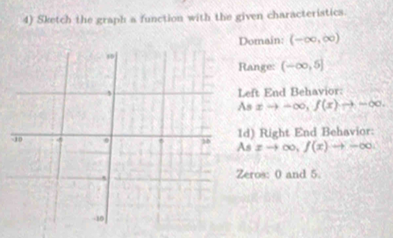 Sketch the graph a function with the given characteristics. 
Domain: (-∈fty ,∈fty )
Range: (-∈fty ,5]
Left End Behavior: 
As xto -∈fty , f(x)to -∈fty. 
As Id) Right End Behavior:
xto ∞, f(x)to -∈fty
Zeros: 0 and 5.